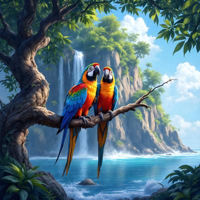 The primary subject of the image is a pair of colorful parrots perched on a tree branch. The setting is a lush, tropical environment with a waterfall in the background. The visual style is a digital art or illustration, creating a vibrant and lively atmosphere. The dominant colors are green, blue, and orange, reflecting the natural beauty of the parrots and their surroundings.